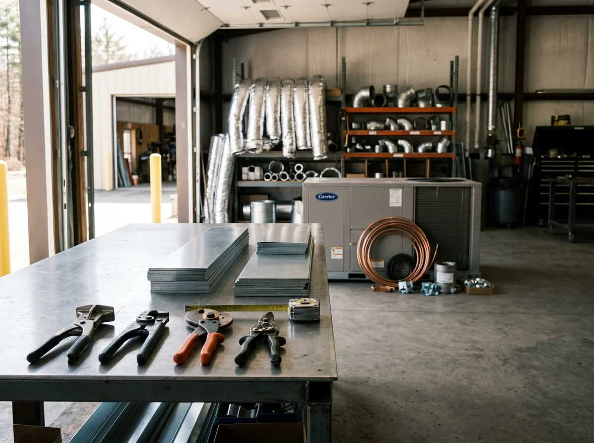 Professional HVAC technicians and sheet metal tools in a service shop, showcasing ductwork materials and installation equipment.