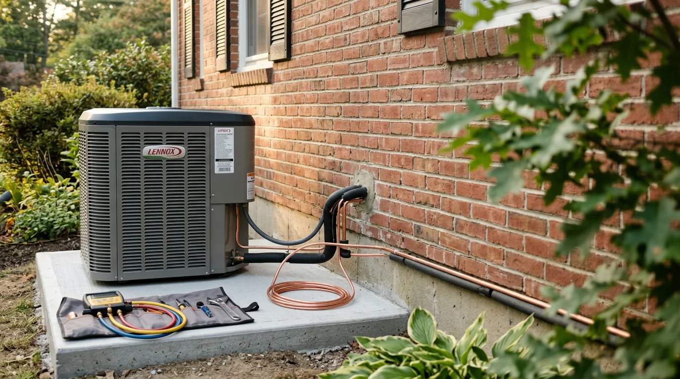 Air conditioning technician servicing an outdoor AC unit