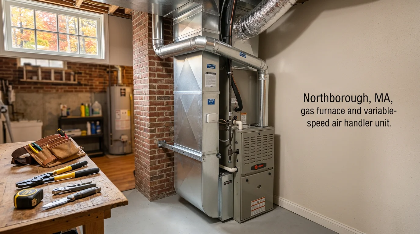 Heating technician installing a furnace in a residential basement