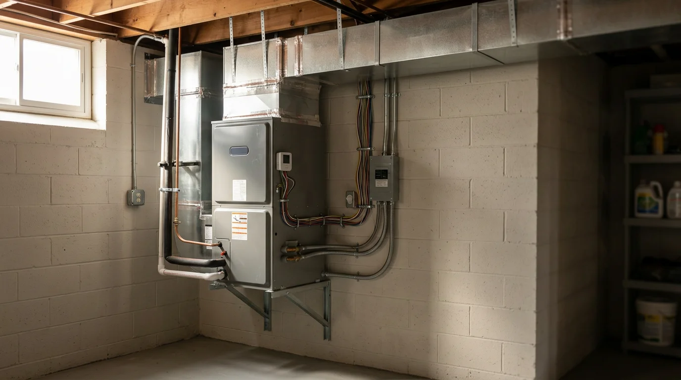 HVAC technician installing a furnace system in a residential home