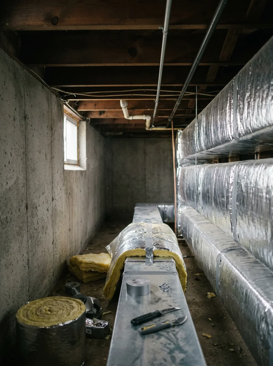 Duct insulation being applied to supply runs in the crawl space of a postwar ranch home in Nobscot, Framingham, with fiberglass wrap visible on the sheet metal.