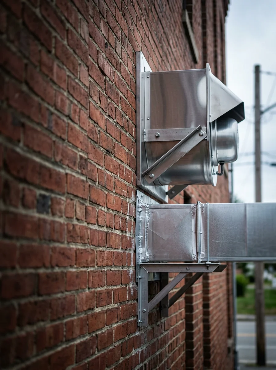 Exhaust fan and duct connection installed through the exterior wall of a commercial kitchen space on Route 20 in Marlborough, MA.