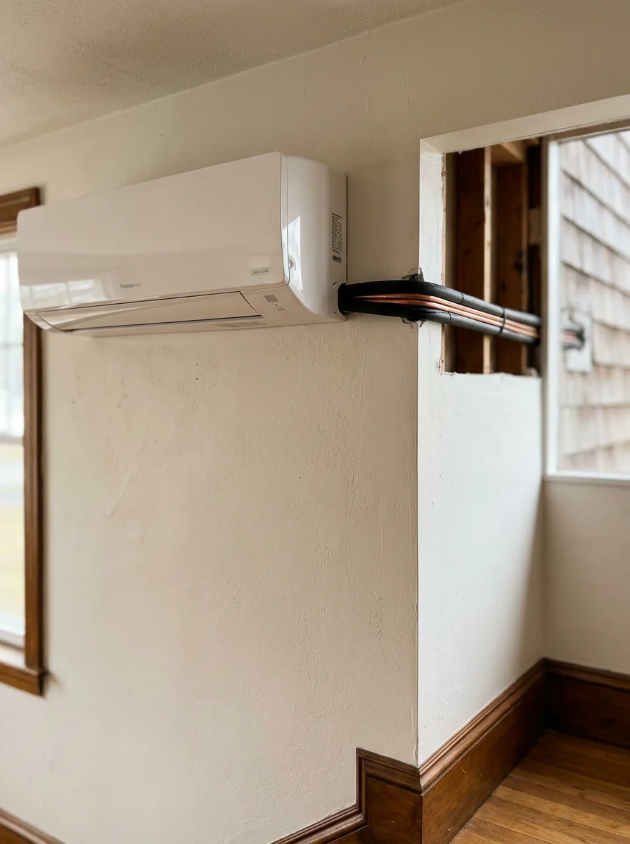 Mini-split wall-mounted head unit installed in a Natick mid-century colonial room, with the refrigerant line set running through the exterior wall to the outdoor unit.