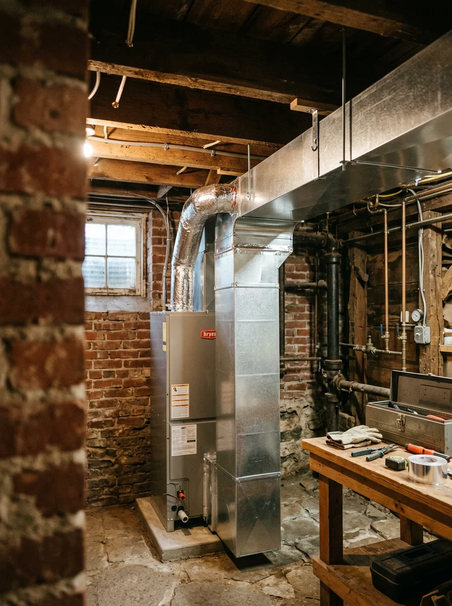 New supply air duct installation in the basement of a Newton Upper Falls mill-era home, with sheet metal trunk line connected to a newly installed air handler.