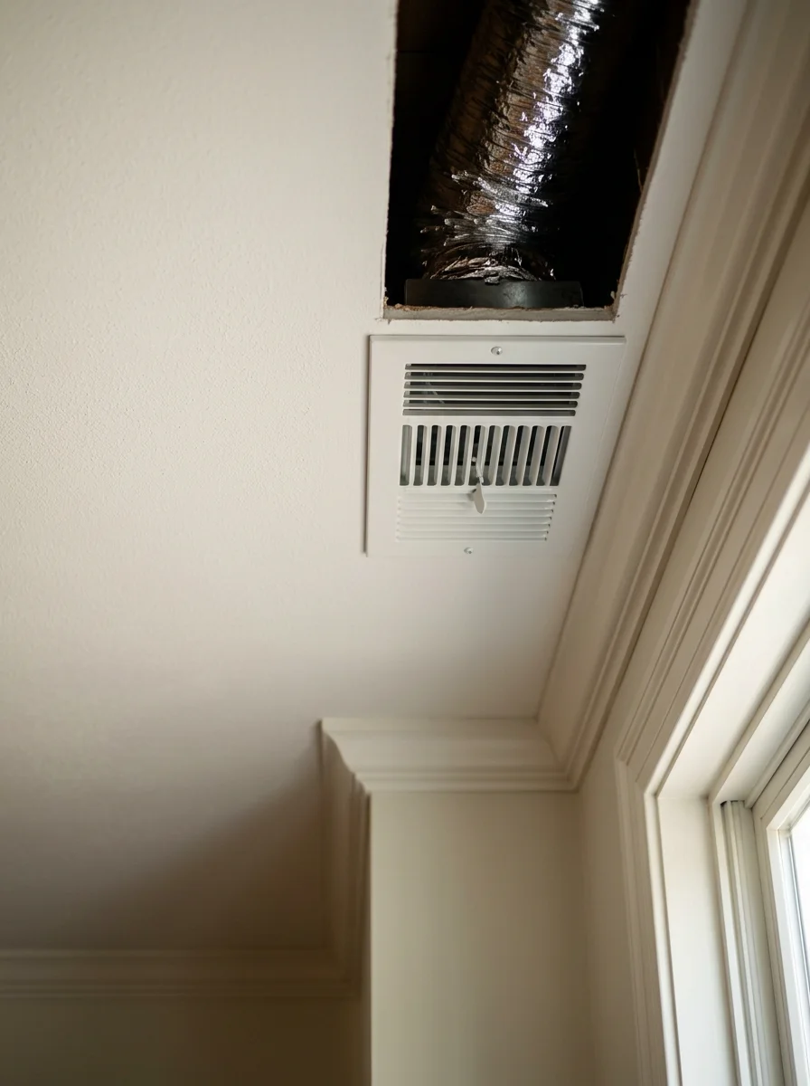 Close-up of a supply air register and new duct branch installed in a colonial-style home in Northborough, MA, with finished drywall ceiling visible.