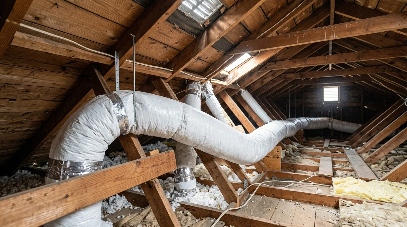 Sheet metal ductwork being installed in the attic of a 1970s cape-style home in Northborough, Massachusetts, with insulation wrap visible on the supply runs.