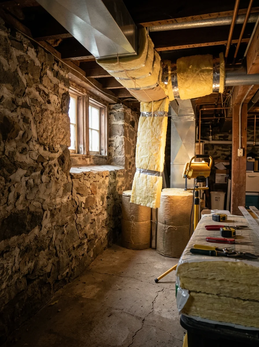 Duct insulation wrap being applied to sheet metal supply runs in the unfinished basement of a Southborough antique colonial, with fiberglass batt insulation visible.