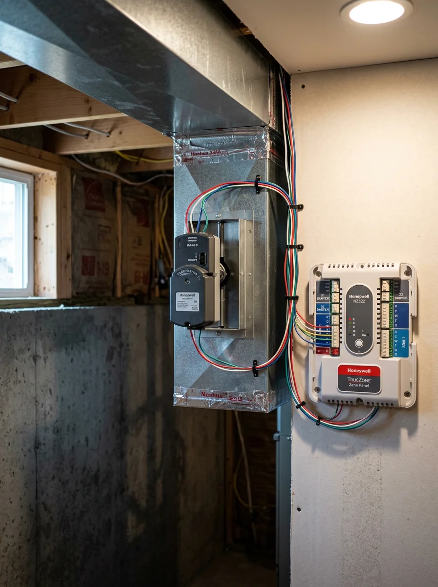 Motorized zoning damper installed in a duct branch in a Westborough home, with the control wiring visible connecting to the zone controller panel.