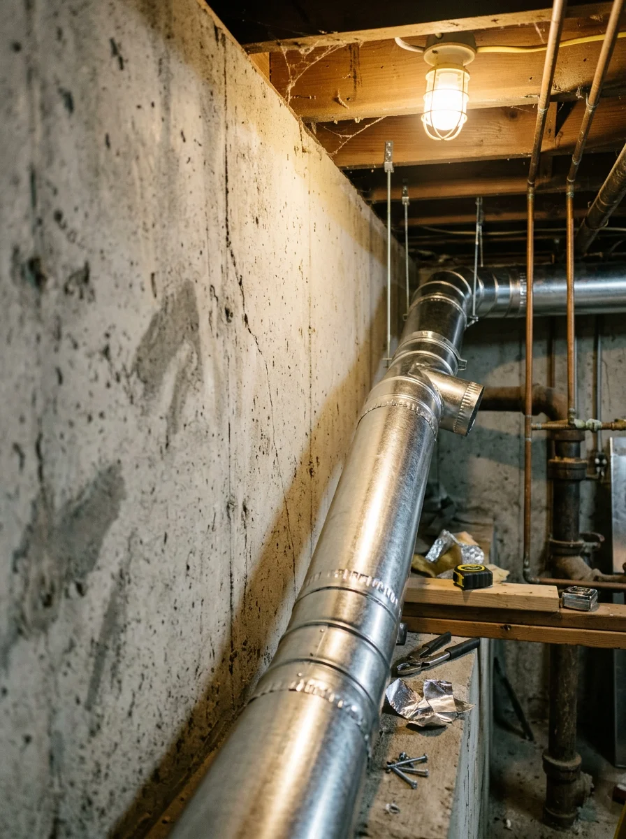 Sheet metal supply duct fabrication in progress for a Worcester single-family home renovation, with new galvanized trunk line visible in the basement.
