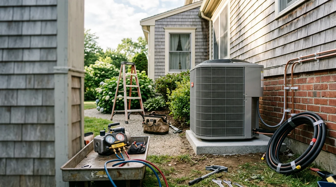 A licensed HVAC technician connecting refrigerant lines to a new central air conditioning condenser unit installed beside a residential home in Northborough, MA. The outdoor unit sits on a concrete pad next to the foundation, with copper line sets running through the exterior wall.