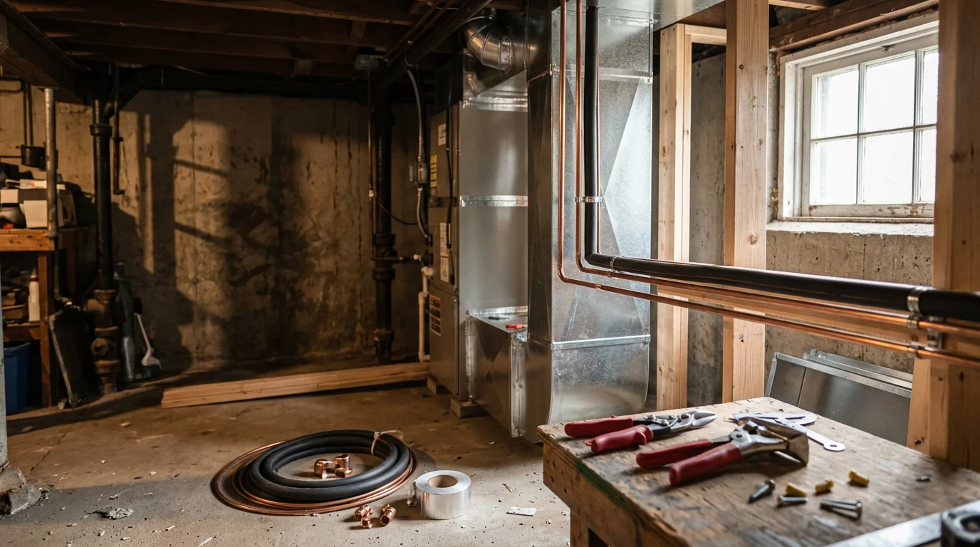 A licensed HVAC technician from ProFast Sheet Metal and Ductwork LLC completing an air conditioning installation on a residential property in Northborough, MA. The outdoor condenser unit is positioned beside the home with new refrigerant lines running along the exterior wall.