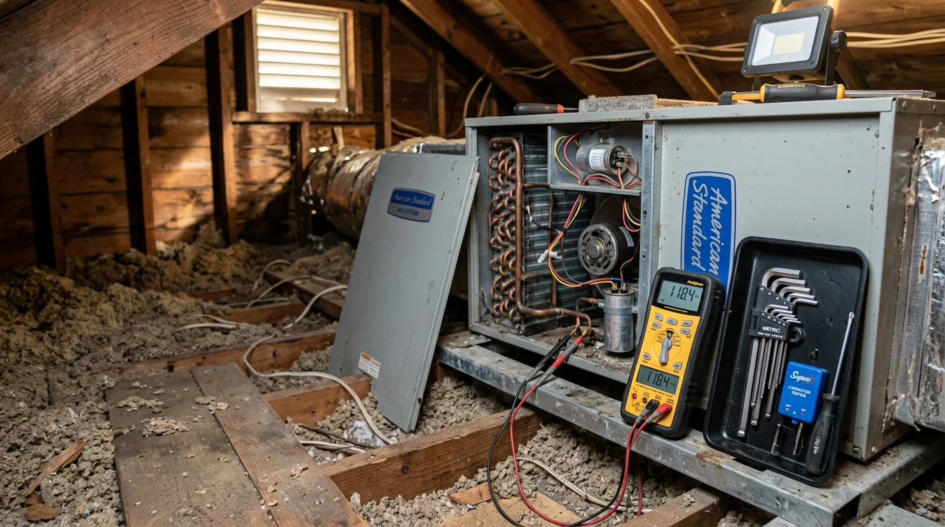 A licensed HVAC technician inspecting an outdoor AC condenser unit at a residential property in Northborough, MA. The technician is checking internal components as part of a diagnostic repair visit.