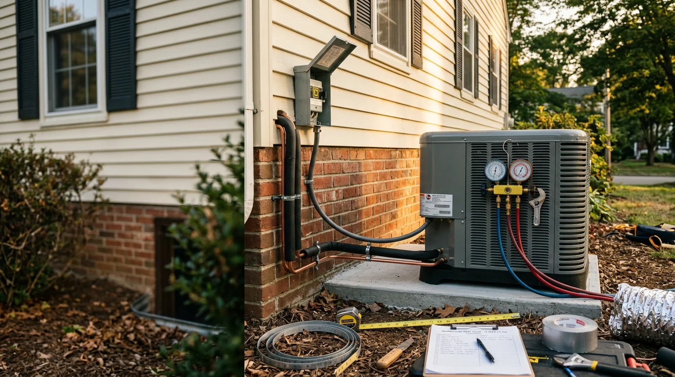 A licensed HVAC technician from ProFast Sheet Metal and Ductwork LLC completing an air conditioning replacement at a residential property in Northborough, MA. The outdoor condenser unit is positioned beside the home with new line set connections visible.