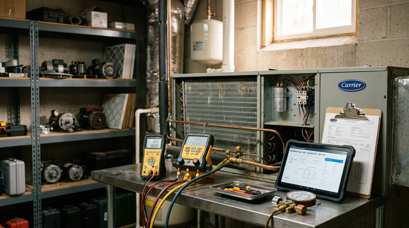 A licensed HVAC technician from ProFast Sheet Metal and Ductwork LLC inspecting the electrical components and coil of a central air conditioning unit at a single-family home in Northborough, MA. The technician holds a diagnostic meter while reviewing the outdoor condenser unit on a residential property.