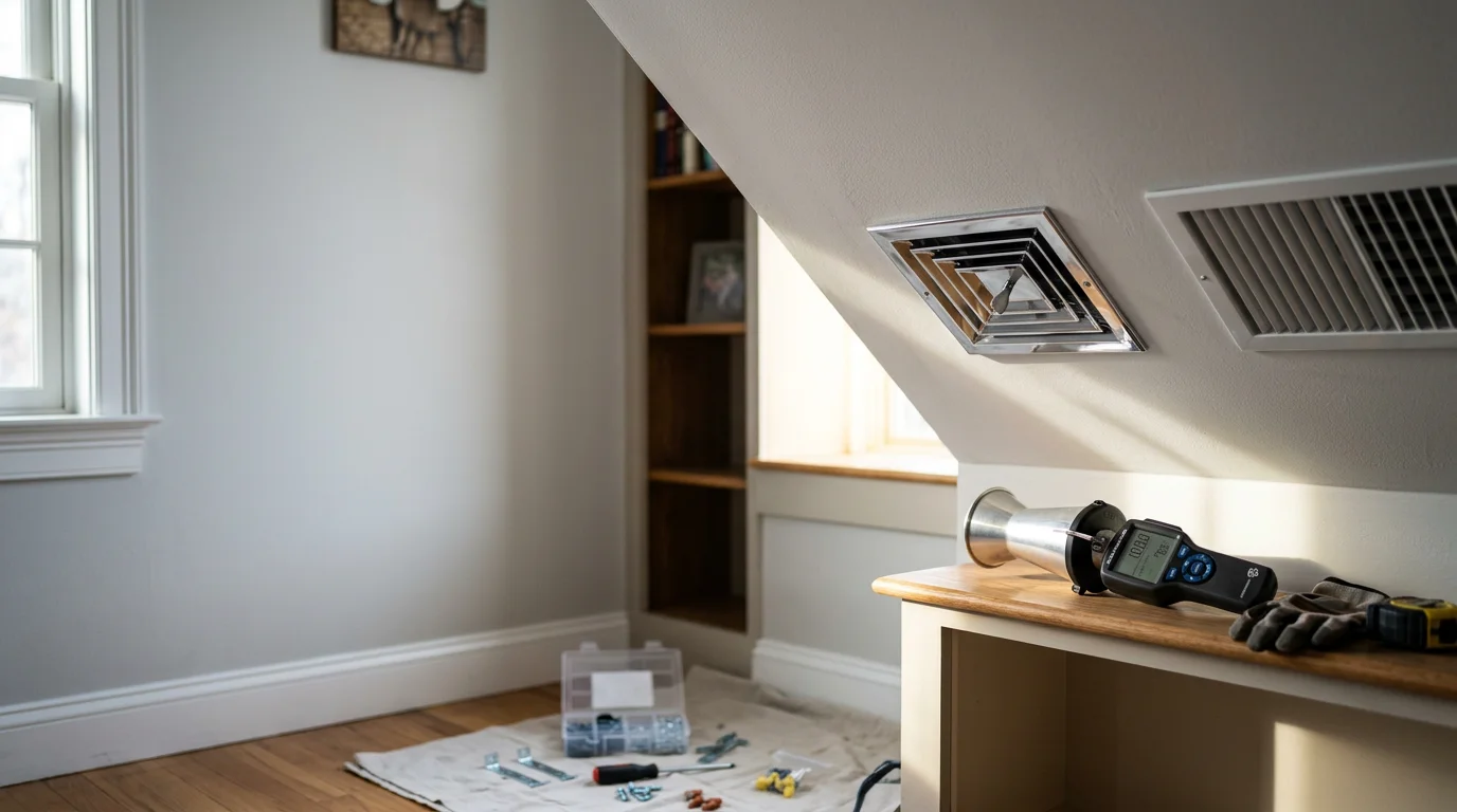 A licensed HVAC technician installs a ceiling air diffuser with an integrated damper in a residential home in Northborough, MA. The diffuser is fitted flush to the ceiling over a round duct opening, with the damper blade visible and set for balanced airflow.