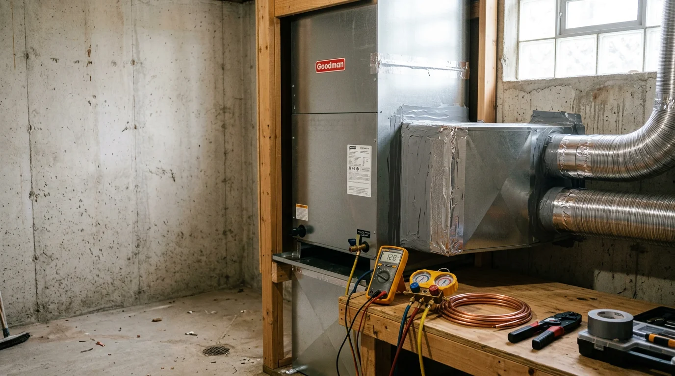 A newly installed residential air handler unit connected to sheet metal ductwork inside a mechanical room of a home in Northborough, MA. The unit is cleanly mounted with sealed duct connections visible on both the supply and return sides.