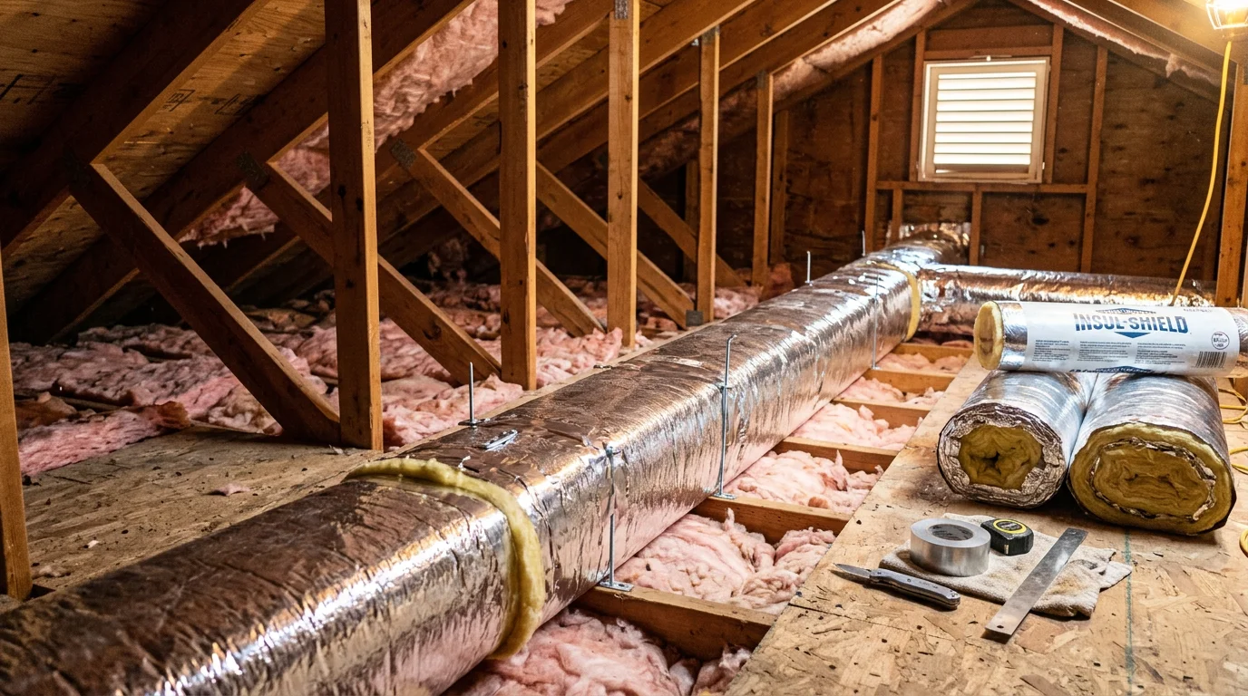 A licensed technician wrapping insulation around exposed metal ductwork in an unfinished basement of a residential property in Northborough, MA. The duct runs are clearly visible along the ceiling joists with new insulation material secured in place.