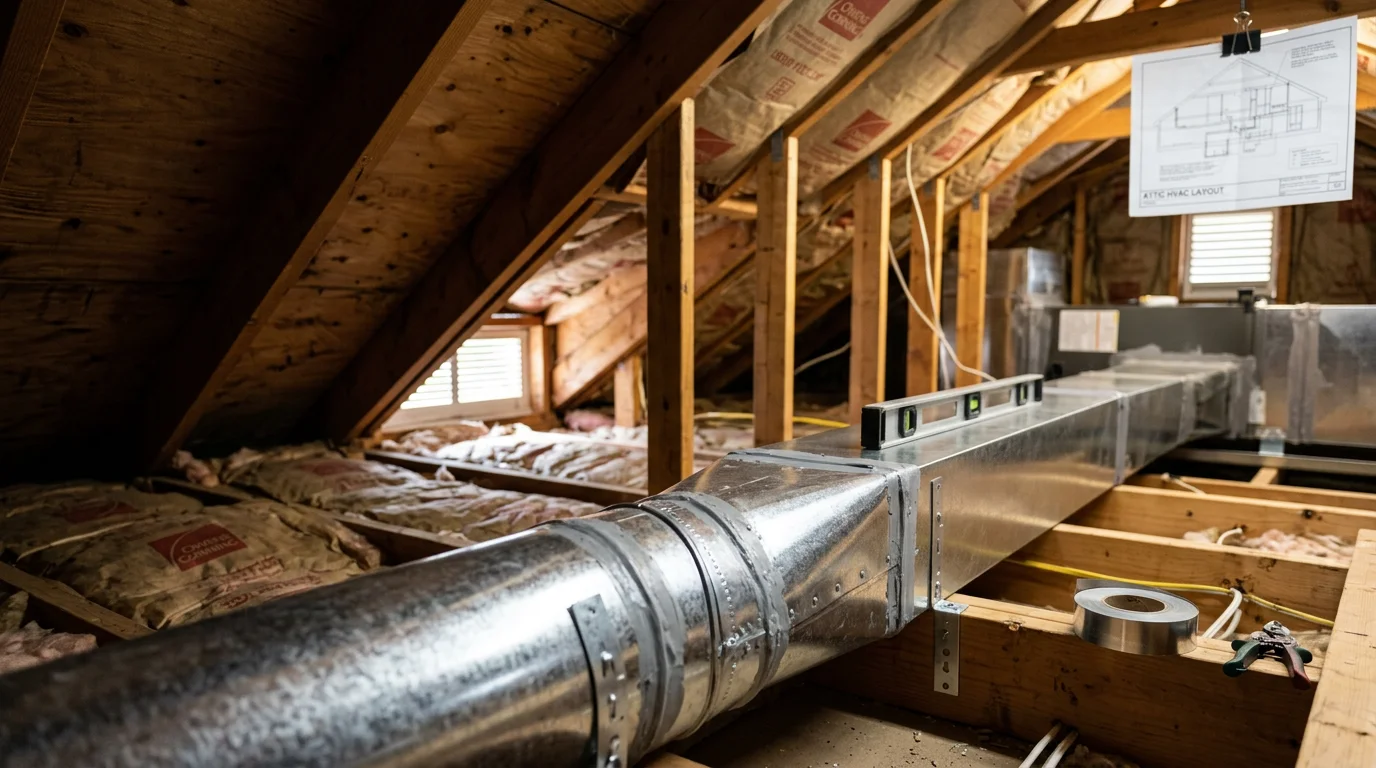 A licensed sheet metal technician installing new galvanized ductwork in the basement of a residential property in Northborough, MA. The image shows freshly fabricated duct sections being connected to a central trunk line in a clean mechanical room.