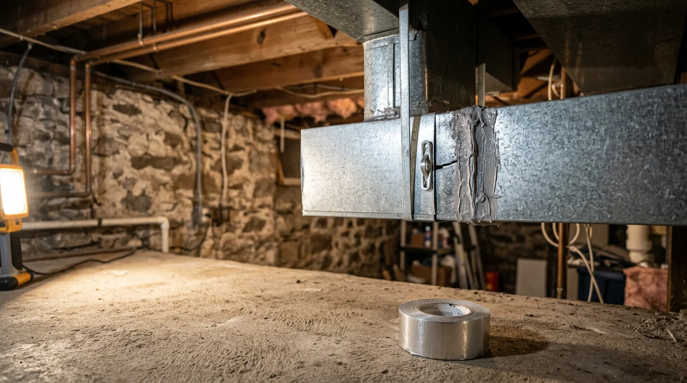 A licensed sheet metal technician sealing and repairing a residential duct joint in an unfinished basement in Northborough, MA. The repaired ductwork runs along the ceiling of the basement, with visible mastic sealant applied to previously leaking connections.