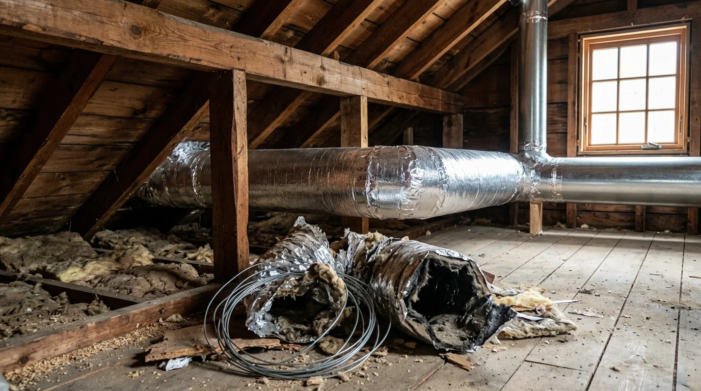 A licensed sheet metal technician installing new ductwork in the basement of a residential home in Northborough, MA. Freshly fabricated metal ducts run along the ceiling joists, replacing an old deteriorated duct system.