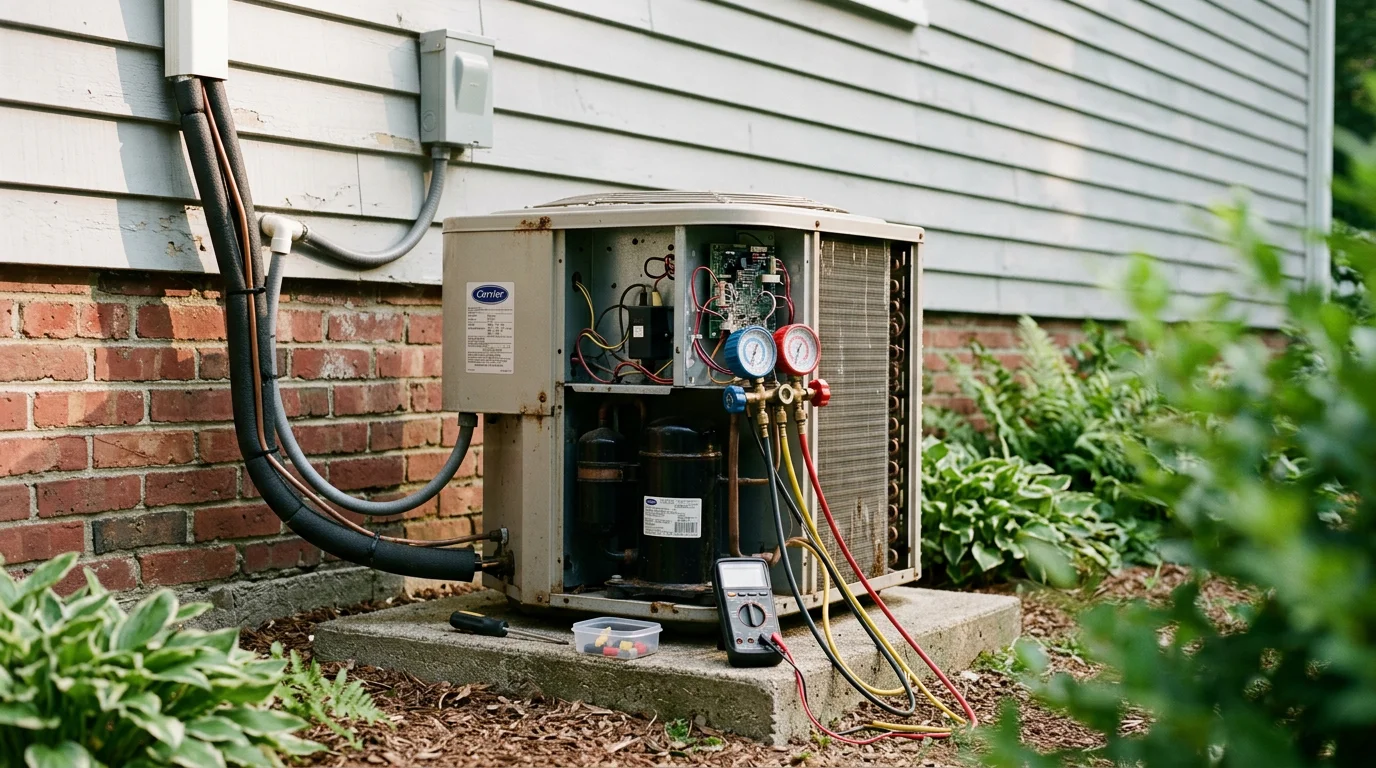 A licensed HVAC technician inspecting an outdoor air conditioning condenser unit at a residential property in Northborough, MA. The technician is reviewing internal components during an emergency repair service call on a summer day.