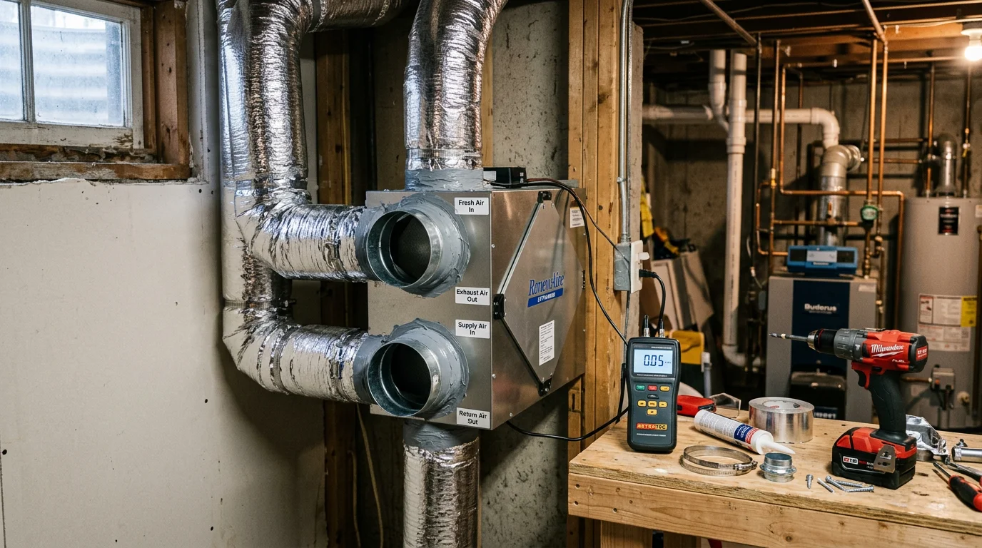 A sheet metal technician connecting an energy recovery ventilator unit to residential ductwork in a Northborough, MA home mechanical room. The ERV is mounted and ducted to the existing HVAC system with supply and exhaust connections visible.