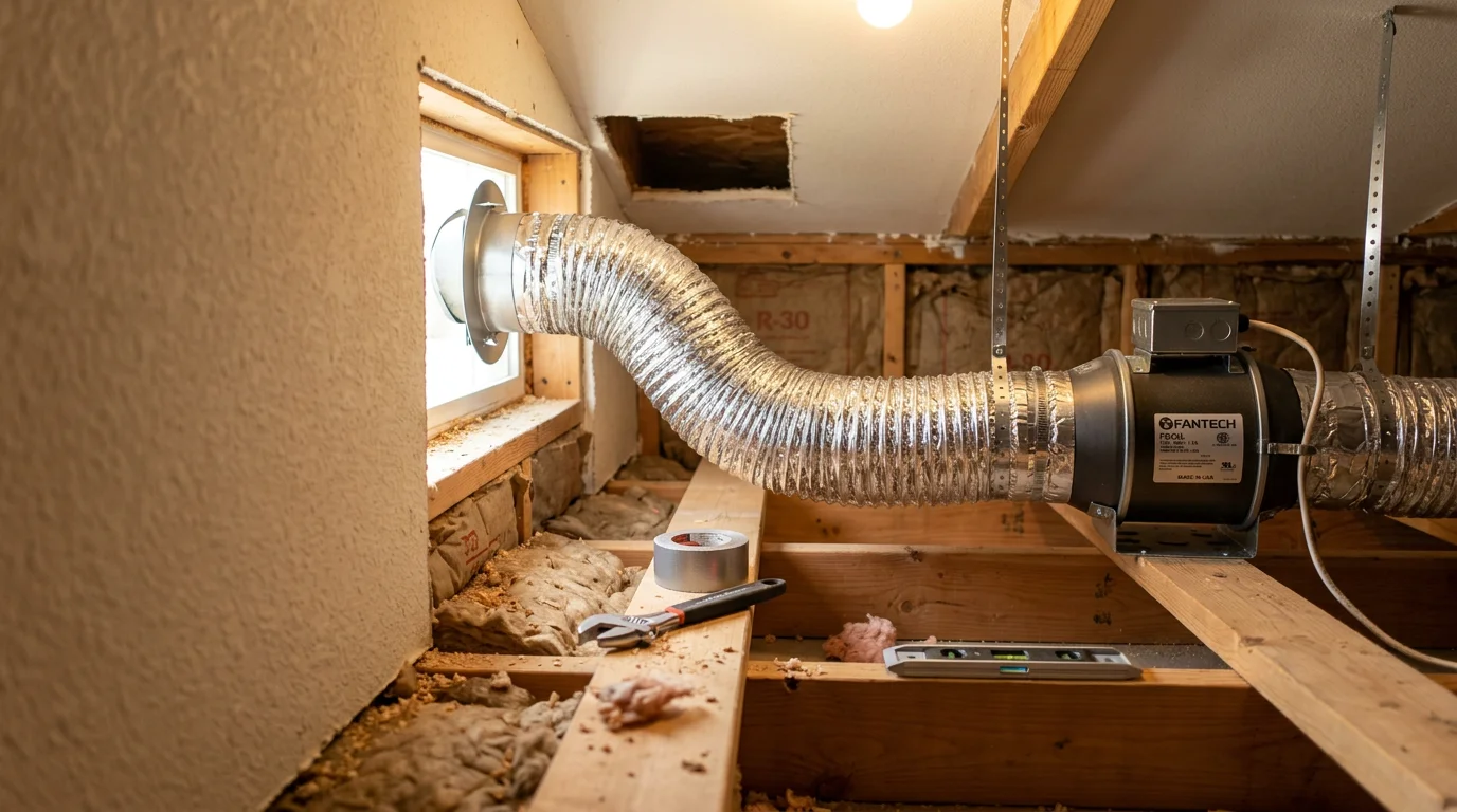 A sheet metal ductwork professional completing an exhaust fan vent installation in a residential bathroom in Northborough, MA, with rigid duct routed through the ceiling toward an exterior wall cap. The finished installation shows a ceiling-mounted exhaust fan with clean duct connections ready for outdoor discharge.