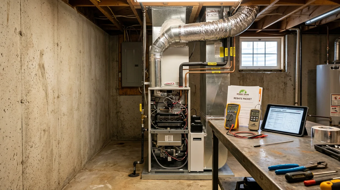 A newly installed furnace connected to sheet metal ductwork in the mechanical room of a residential home in Northborough, MA. The unit is mounted on a concrete pad with supply and return ducts properly fitted and sealed.