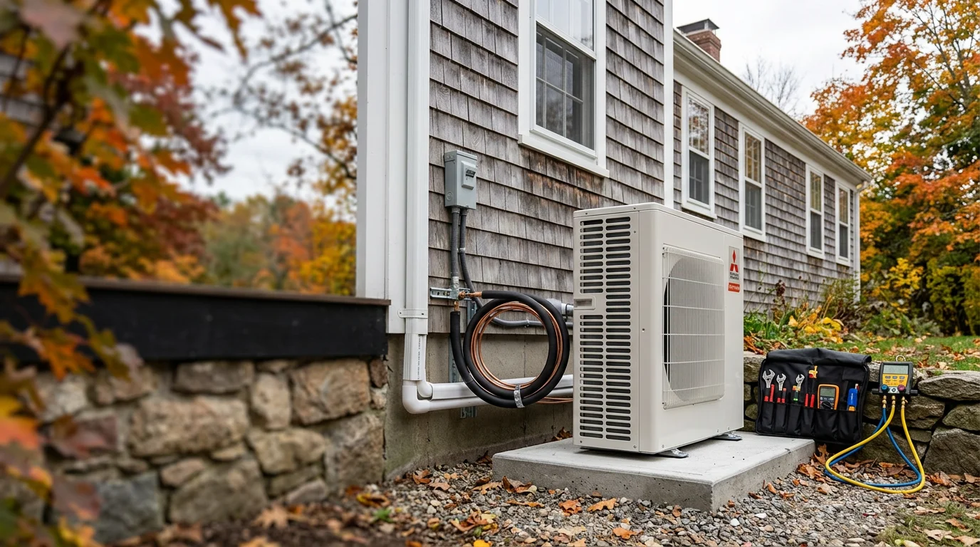 A licensed HVAC technician completing a heat pump installation on the exterior of a residential home in Northborough, MA, with refrigerant lines connected to a wall-mounted indoor air handler visible through an open window.