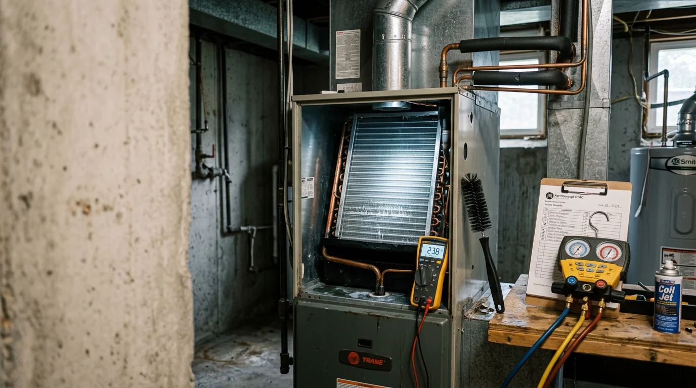 A licensed HVAC technician inspecting and cleaning the indoor coil unit of a residential forced-air system during a seasonal tune-up visit in Northborough, MA. The technician reviews system components and records findings on a service checklist.