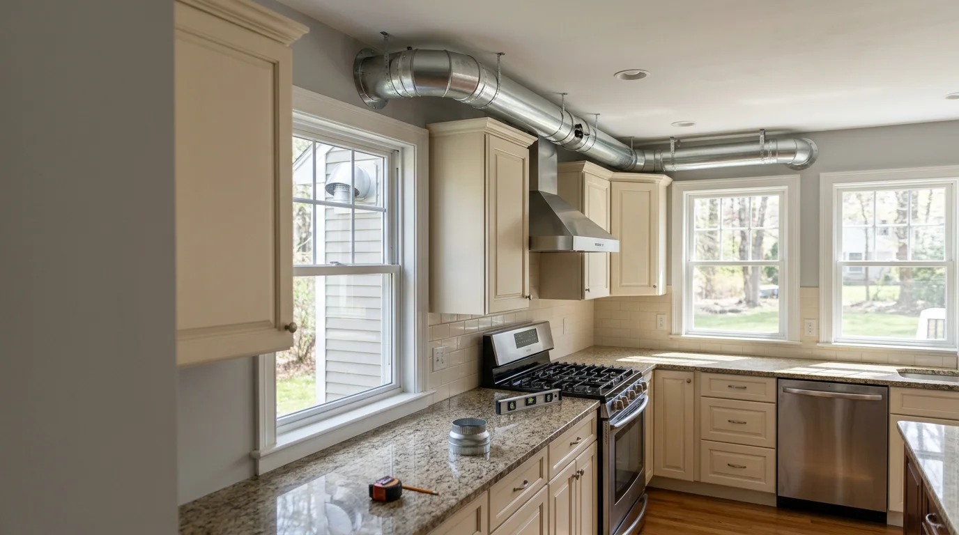 Rigid metal kitchen exhaust duct installed through an exterior wall of a residential home in Northborough, MA, with a capped outdoor termination fitting visible against the siding. The duct run is straight and securely fastened inside the kitchen wall cavity.
