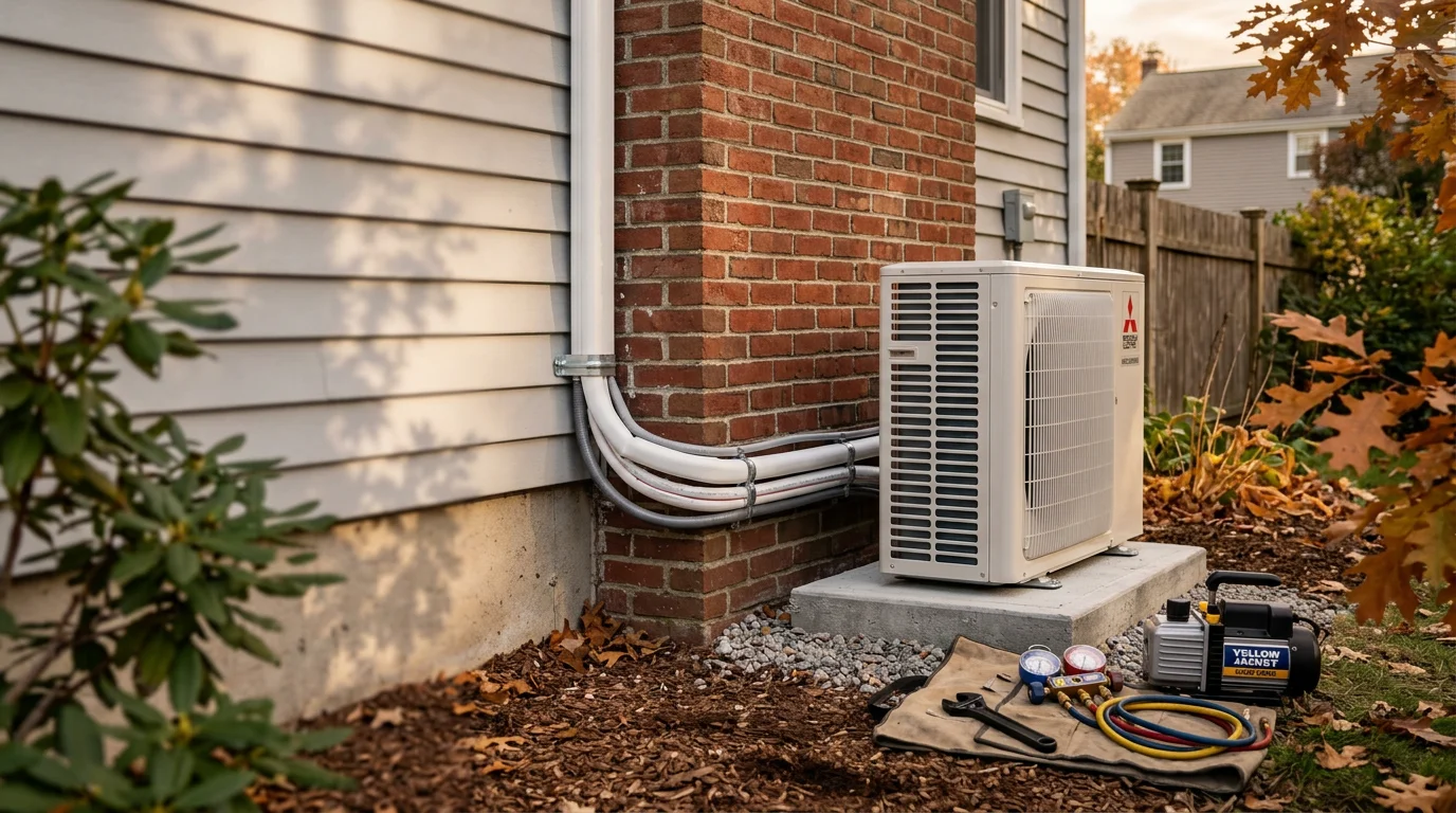 A wall-mounted mini-split indoor air handler installed in a residential room in Northborough, MA, with the outdoor compressor unit visible through the window on the exterior wall of the home.